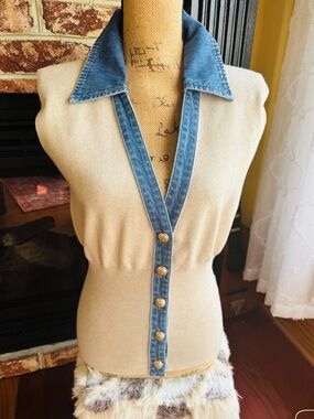Commense knit top trimmed in denim NWOT